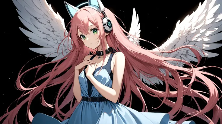 1girl, solo, long hair, dress, very long hair, green eyes, pink hair, multicolored hair, wings, collar, hand on own chest, black background, angel wings, robot ears