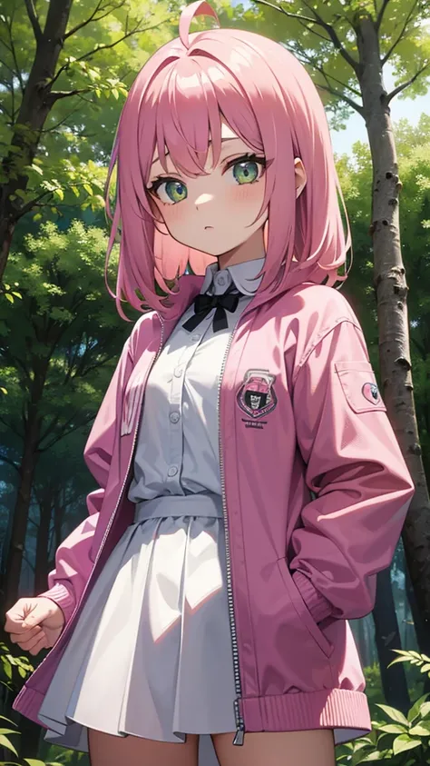 Thirteen year old girl pink hair green eyes wearing a pink jacket with white sleeves closed in the forest 