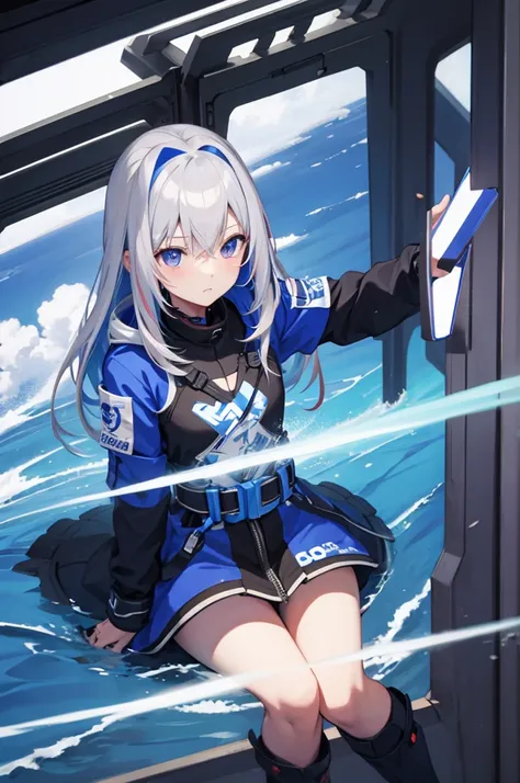 anime , cyberpunk girl flying at super speed over the sea , people々is approaching , gray hair ,white tone , exposed for a long t...