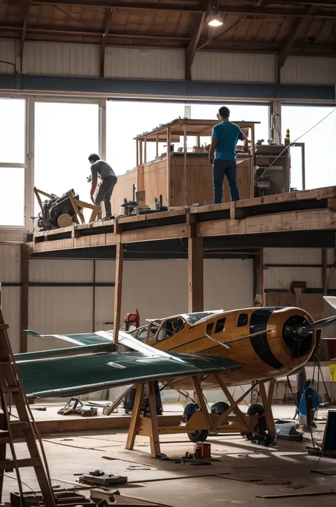 A far away scene of a man building a plane and several people working together 