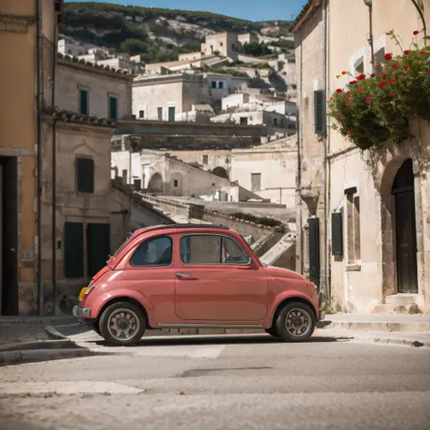 (fiat500, classical old italian fiat 500 car, sassi_di_matera), [view from the bottom, rear view]. a small bright pink-fucsia ca...