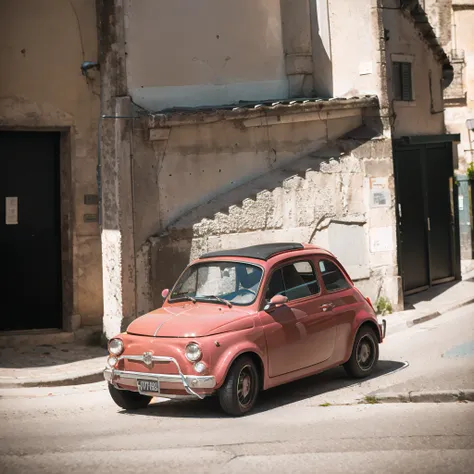 (fiat500, classical old italian fiat 500 car, sassi_di_matera), [view from the bottom, rear view]. a small bright pink-fucsia ca...