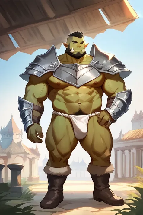 score_9, score_8_up, score_7_up, solo, male focus, bulk male, orc, green skin, tusks, beard, outdoors, micro armor , shoulder armor, breastplate, upper body, closed mouth, pauldrons, day , day city , boots , (micro fundoshi) , full body , black boots , lay...