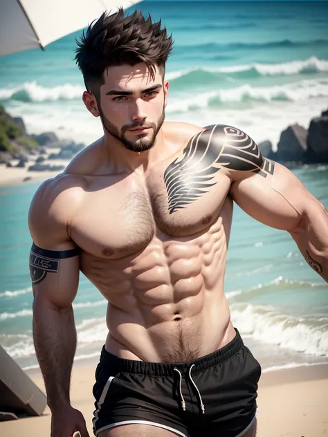 25 year old man, pretty face, short hair, White skin, short beard, shirtless, tattoos, beach landscape background, beefy, black shorts