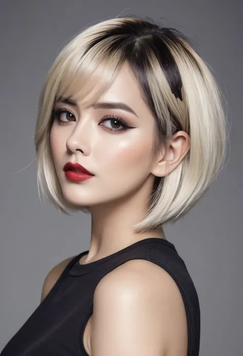 The image features a stunning female character with a unique and eye-catching blonde bob hairstyle, her bold makeup and striking black and white top making her stand out against the muted gray background.