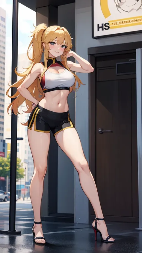 Yang Xiao Long, Blonde hair, gym shorts, bare legs, high heels, heels, stiletto heels,  sports bra, flashing, lifting top, boobs, side boob, viewed from behind, nsfw, uncensored, no censor, standing, top lifted by self, exhibitionist, exhibitionism, public...