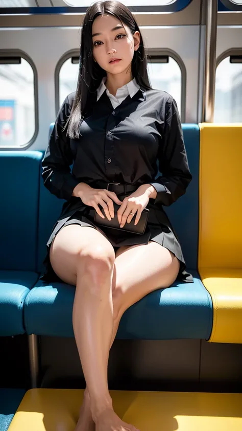 "(Masterpiece, High Definition, Ultra High Definition, 4K) Black hair, 14 years old Japan girl, uniform skirt,Cosplay 2B nier , emphasizing thighs, white thighs, soft thighs, glossy thighs, sitting on the train, face-to-face angle, (angle from below),sitti...