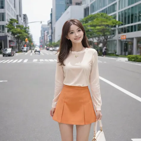 (masterpiece, 最high quality:1.2), (One girl:1.5), high quality, Standing on the sidewalk at an intersection in an office district, （Orange long sleeve blouse:1.6）, Beige mini skirt（smile:1.5）, （White pumps:1.5）