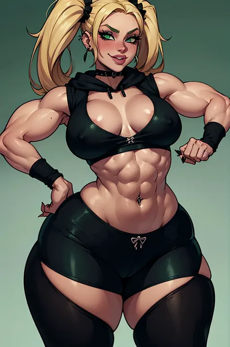 a small chested girl with muscular body,faint six pack,wide hips,thick thighs,blonde hair,green eyes,plain background,Gothic makeup,black hoodie,gym shorts,lip piercings,ear piercings,belly button piercing,pierced nipples,smiling,heavy blush,pigtails