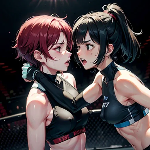 dynamic battle action. two women are facing each other in the octagon ring. A woman is punching into the other womans body. A female fighter is crying。Her sports bra is damaged。Covered in bruises。Bloody。shortness of breath。Drooling。Frightened expression。Ru...