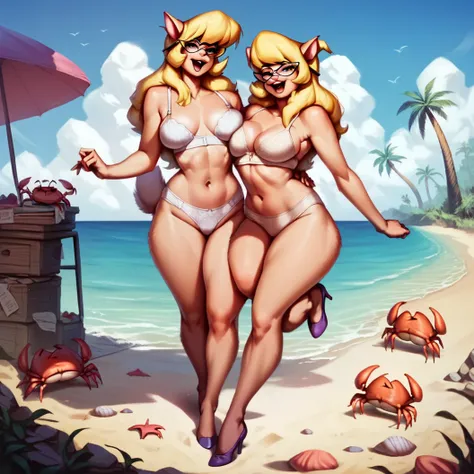 2girls, clones, Callie Briggs, detailed, detailed fur, white bra, legs, purple heels, blonde hair, eyes open, beach, glasses, bottomless, white tops, thicc thighs, surrounded, crabs