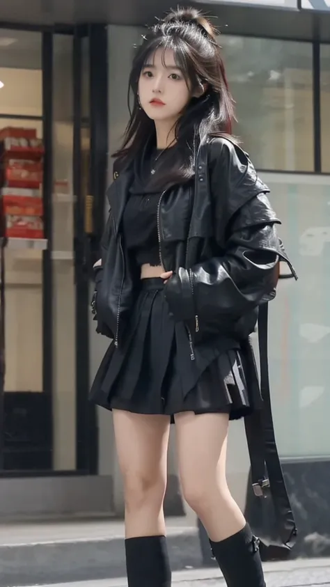 Japanese girl wearing a black leather jacket, black short skirt, wearing sandals, has six pack abs, black hair, 8k style