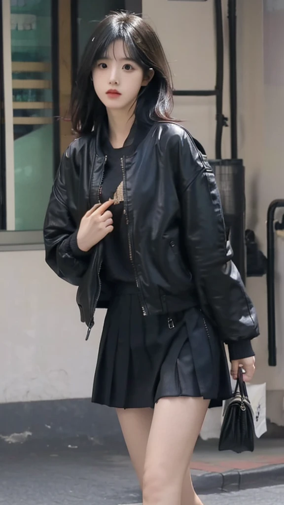 Japanese girl wearing a black leather jacket, black short skirt, wearing sandals, has six pack abs, black hair, 8k style