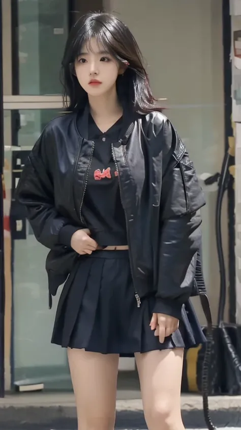 Japanese girl wearing a black leather jacket, black short skirt, wearing sandals, has six pack abs, black hair, 8k style