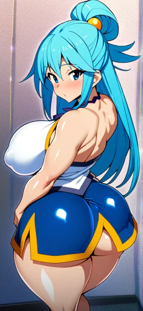  anime girl aqua from konosuba ,busty  with thick thighs and big ass bigger than thighs and head and body , ass view, hyper ass with  long hair , blue skirt 