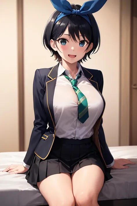 masterpiece, best quality,high resolution、realistic、Detailed、((extremely delicate and beautiful fabric):1.3)、 8k、large boob、 1girl, solo, skirt, jacket, shirt, blue eyes, white shirt, necktie, green necktie, black hair, pleated skirt, socks, diagonal-strip...