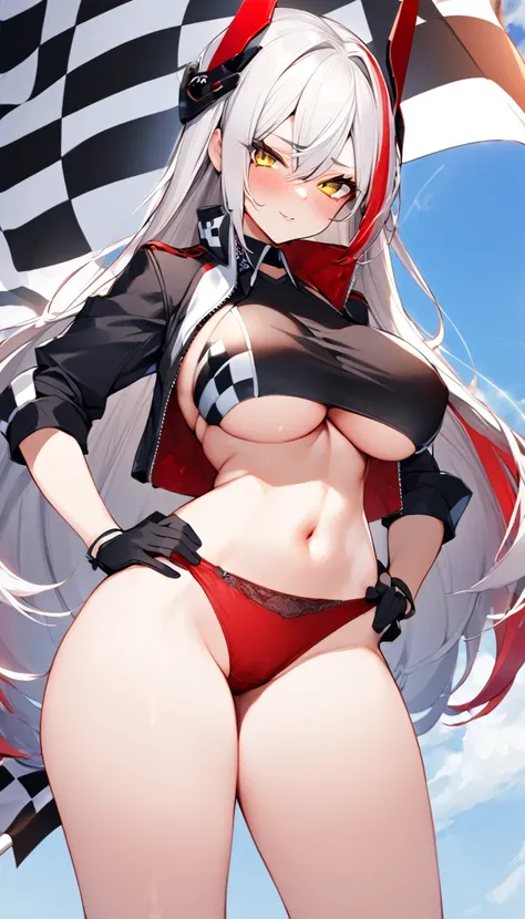 masutepiece, Best Quality, PrinzV4, 1girl in, Solo, Long hair, breasts, Looking at Viewer, Skirt, Large breasts, gloves, Navel, Holding, Jacket, Yellow eyes, White hair, Red hair, multicolored hair, Open your clothes, Black Gloves, Open jacket, official al...