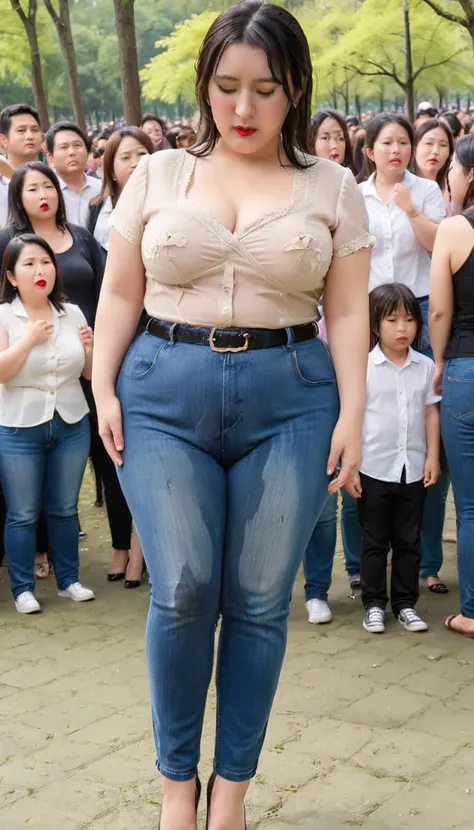 1woman,(masterpiece:1.8),photo-realistic,16k,(beautiful 40s japanese plump lady:1.2),(chiffon blouse:1.6),(jeans:1.5),pumps,belt,(whimpering:1.6),(panicking:1.6),(crying:1.7),(crowded park:1.4),crowd,(wetting:1.5),(dripping pee:1.4),long hair,straight hair...