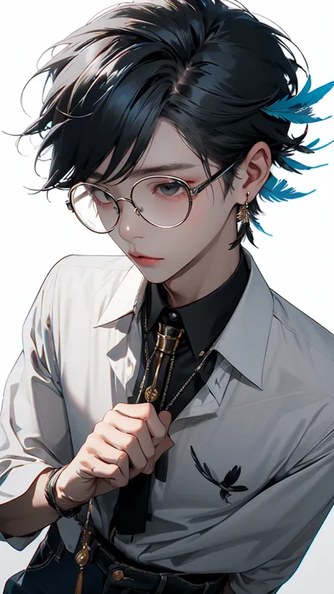 (Masterpiece:1.2), best quality,realistic,mid trip,
1 boy, glove, focus man, feather pen, glasses, decorations, earring, สายรัดglasses, white background, black hair, glassesข้างเดียว, Holding, black glove, short hair, hands in pocket, book, shirt, long sle...