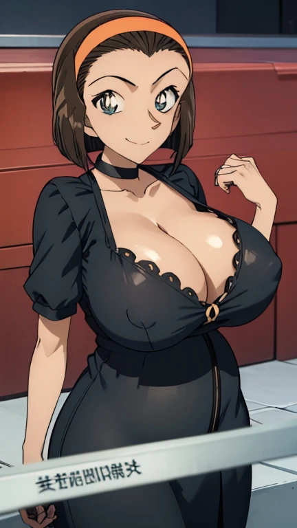 Looking into the camera、When I Look at You、lookatviewer、Anime Style、Eroge、1 Girl,  (Huge long breasts:1.2), (Black maxi dress:1.5、Cleavage、Round neck)、Low Angle、Brown haired, hair band、Bob Hair、The forehead is visible、smile,Round Breasts、Pregnant women