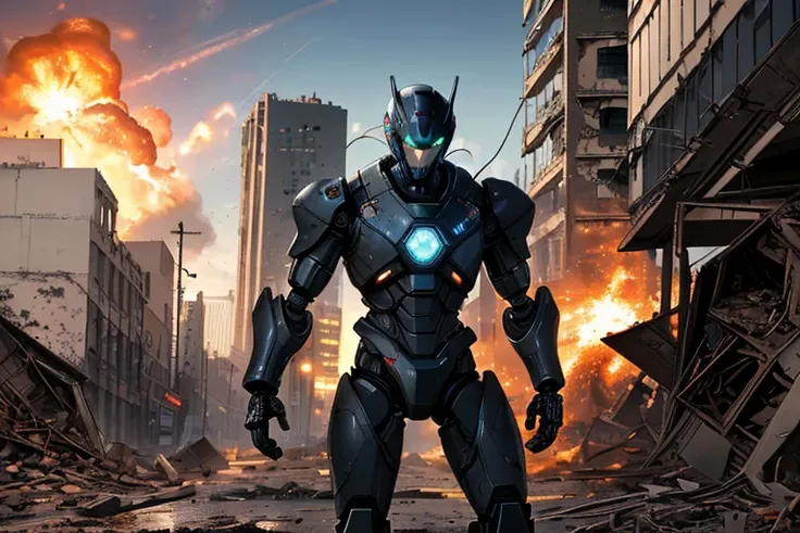 High resolution,high quality,(Perfect body),robot,巨大robot,戦闘robot,黒いrobot,Dirty Powered Suit,Collapsed Building,Explosion behind