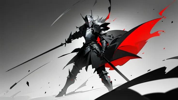 Create a drawing of a knight in black,Red,gray and white tones.