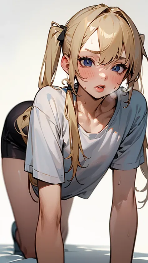 nsfw,(Petite),(boy),blonde low twintails,lips,T-Shirts,On all fours,Front pose,Sweat,White Breath,Viewers from the front,T-Shirts隙間