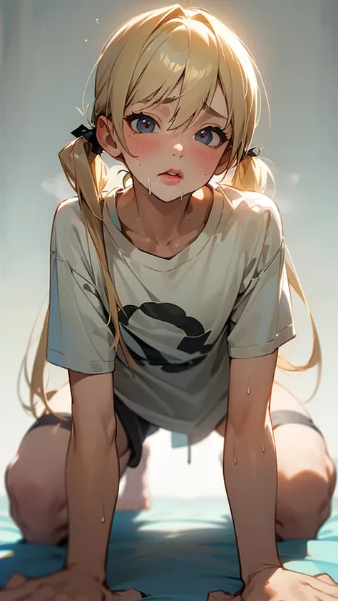 nsfw,(Petite),(boy),blonde low twintails,lips,T-Shirts,On all fours,Front pose,Sweat,White Breath,Viewers from the front,T-Shirts隙間