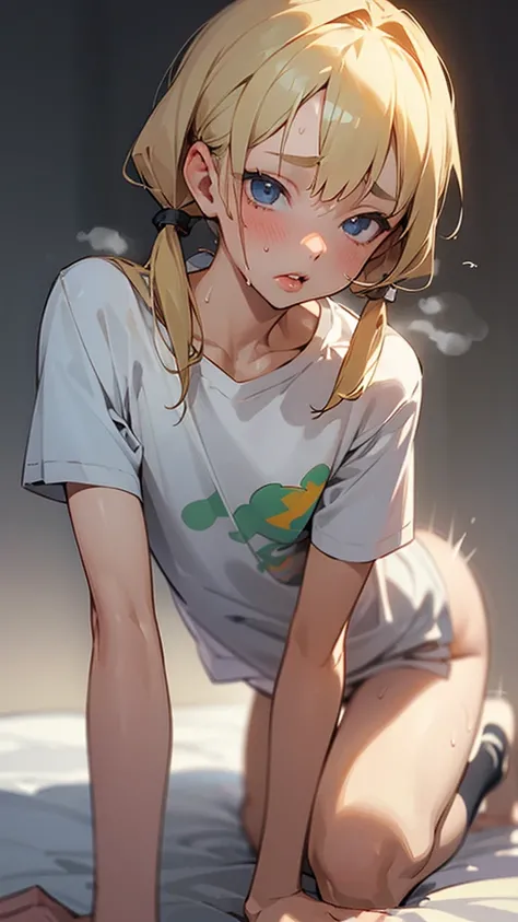 nsfw,(Petite),(boy),blonde low twintails,lips,T-Shirts,On all fours,Front pose,Sweat,White Breath,Viewers from the front,T-Shirts隙間