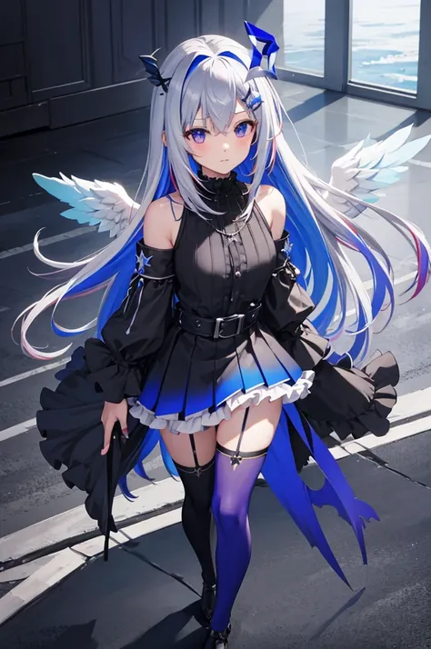 anime , Cyberpunk girl flying at super speed over the sea  , Gray Hair ,White Tone , exposed for a long time ,3D Rendering , travelling , exaggerated fisheye perspective,-- No fish --- niji5 ----s400 , Tracking, Amane Kanata,  long hair, gloves, wings, mul...