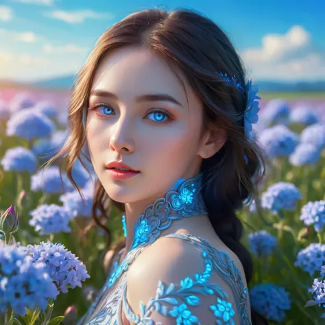 a beautiful young woman, neon blue glowing eyes, extremely detailed face, porcelain skin, elegant pose, romantic flower field background, sunlight, cinematic lighting, vibrant colors, high quality digital art, intricate details, photorealistic, 8k