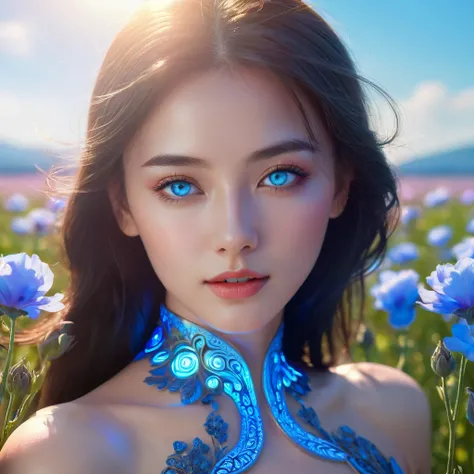 a beautiful young woman, neon blue glowing eyes, extremely detailed face, porcelain skin, elegant pose, romantic flower field background, sunlight, cinematic lighting, vibrant colors, high quality digital art, intricate details, photorealistic, 8k