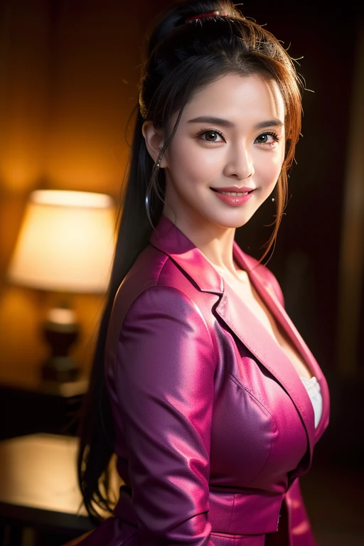 a gorgeous middle-aged busty woman, ponytail, blazer, beautiful smile showing teeth, pov, lover, cinematic lighting, (best quality,4k,8k,highres,masterpiece:1.2),ultra-detailed,(realistic,photorealistic,photo-realistic:1.37),HDR,UHD,studio lighting,ultra-f...