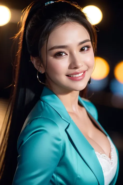 a gorgeous middle-aged busty woman, ponytail, blazer, beautiful smile showing teeth, pov, lover, cinematic lighting, (best quality,4k,8k,highres,masterpiece:1.2),ultra-detailed,(realistic,photorealistic,photo-realistic:1.37),HDR,UHD,studio lighting,ultra-f...