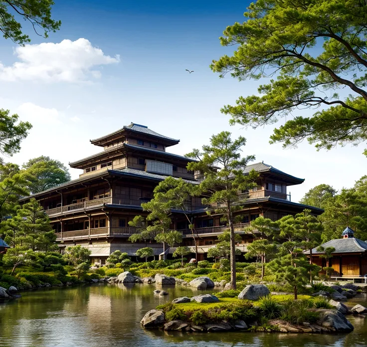 a cartoon illustration of a pagoda with a blue roof, european japanese buildings, an extremely detailed building, japanese temple, japanese house, zen temple background, ancient japanese architecture, temple background, background depicting a temple, a tem...