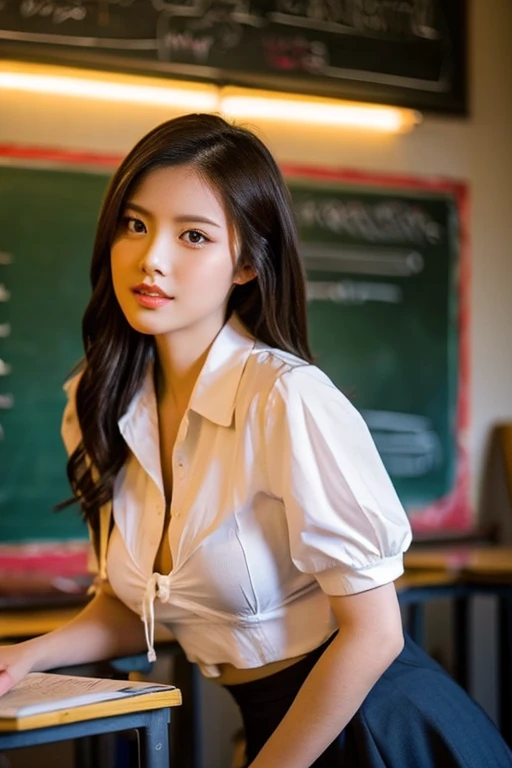 In the elegant and alluring art piece featuring a "Sexy classmate," imagine a scene where a captivating young woman exudes confidence and charm. She stands in a classroom setting, her posture poised and her gaze magnetic. The focus is on her exquisite beau...