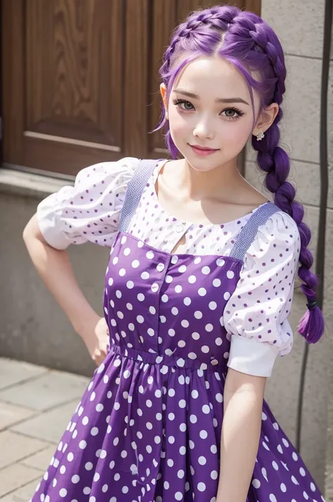 Fun movie character with purple hair with polka dot braids and dress with white polka dots