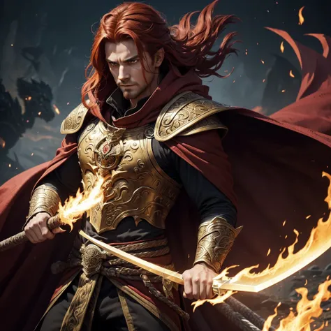 A striking figure stands tall at 62" with a lean and muscular build, indicating a life of rigorous physical training and combat. He has long, fiery red hair tied back in a warriors braid, reminiscent of flames, and his eyes are a striking gold, glowing wit...