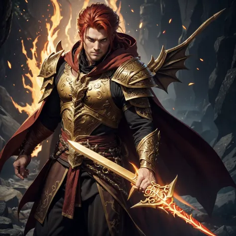 A striking figure stands tall at 62" with a lean and muscular build, indicating a life of rigorous physical training and combat. He has long, fiery red hair tied back in a warriors braid, reminiscent of flames, and his eyes are a striking gold, glowing wit...