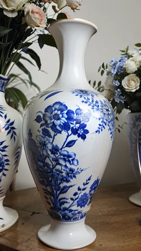 **beautiful blue and white china vase with explosition of flowers, birds and a zebra** - (fast)