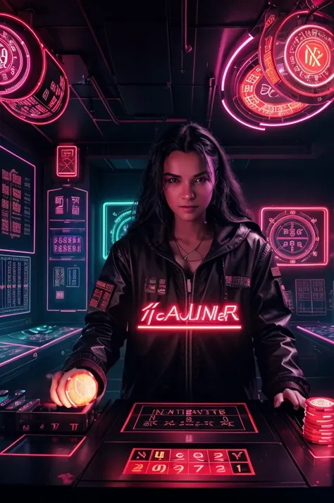 "Create a cinematic profile picture for a roulette player and mathematician. The background features neon lights and a cyberpunk theme with striking thunder and fiery flames. Incorporate elements of intellectual math calculations, such as formulas, equatio...