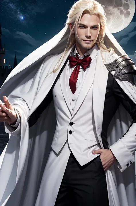 Perfect human body modeling, 1 guy, handsome, fangs from the mouth, A little smile, blonde hair, shiny hair, glow eyes, white skin, slim-body, Western-style fantasy, RPG, old castle, moonlit night, Vampire Lord, opportunist, white wolf, tuxedo, black Cloak...