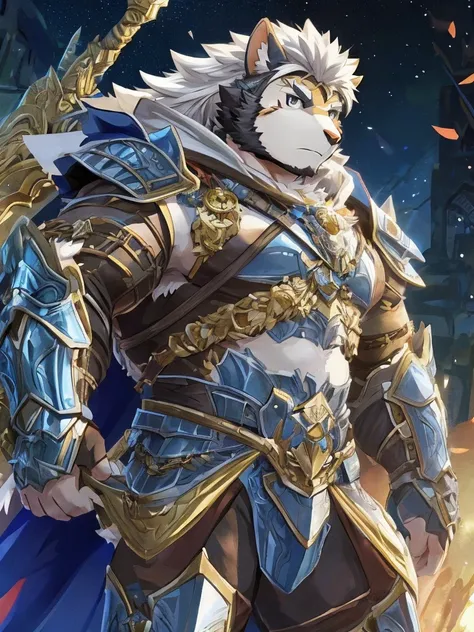 anthro, kemono, male, solo, furry, (((white sheep))), spiky long hair with sideburns, blue paladin armor with golden pattern and white cape, 