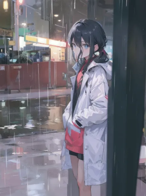 1girl,night city,rain,coat,hands in pockets