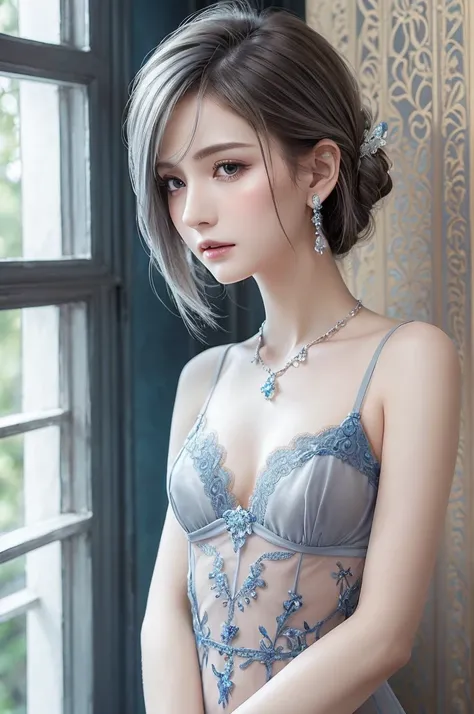 blue lace thong&Good, (((Very elegant and beautiful, Perfect detail, Super detailed))), whole body, The most detailed girl, Depth of written boundary, 美しく詳細なwhole body, Thin legs, 1 girl, 30 years old, Very short hair, Spiked Hair, Gray and silver hair, Be...