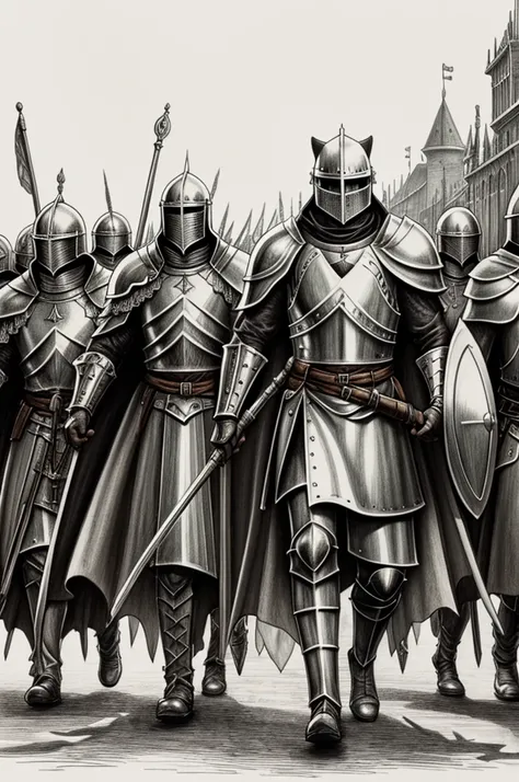 An anthropomorphic cat wearing Teutonic knight armor marching alongside other templars and with the knights in the background, drawn by pencil and ink, digital hd art, beautiful drawing, highly detailed, concept art, ultra-realistic digital illustration