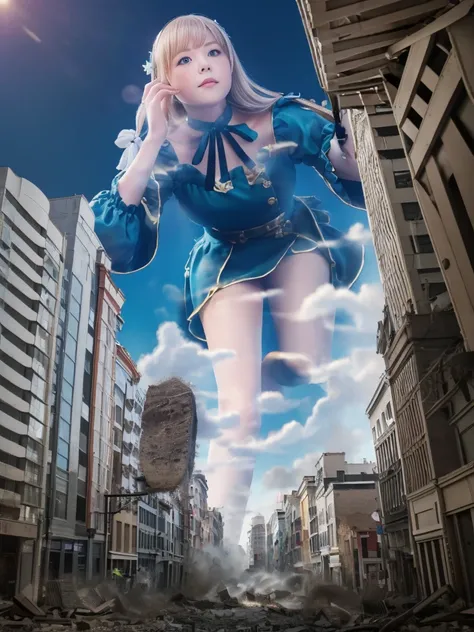 （Giantess Elements、High resolution、High resolution、high quality、Accurate body structure、Detailed body） Towering giant blondes girl，50,000 feet high、Looking up at the approaching woman from below、Giants attack the city、cute、blondes、Destroy a small townWomen...