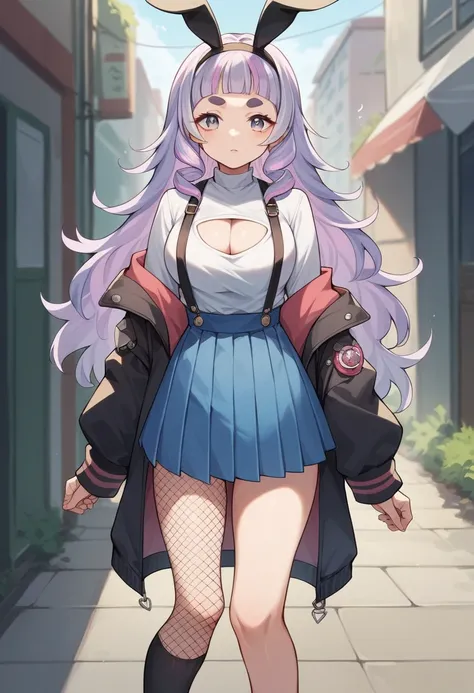 masterpiece, Highest quality, High resolution, CC Mimi, Long Hair, Light purple hair, Striped Hair, fake animal ears, hair band, hair ornaments, Thick eyebrows, White shirt, suspenders, Cleavage cutout, Off the shoulder, Black jacket, Long sleeve, Pleated ...