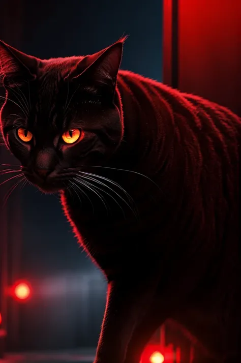 Create a red background, with an cat villain, with glowing eyes, badass pose, suspense light, angry face, shadow in face, war scenery, higly detailed, 4k