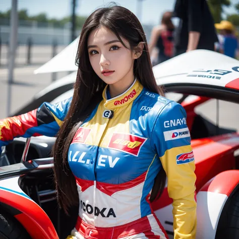 super detailed photos、detailed face、cool woman、colorful costumes、f1 driver cosplay、colorful costumes、clothing with company logo、...